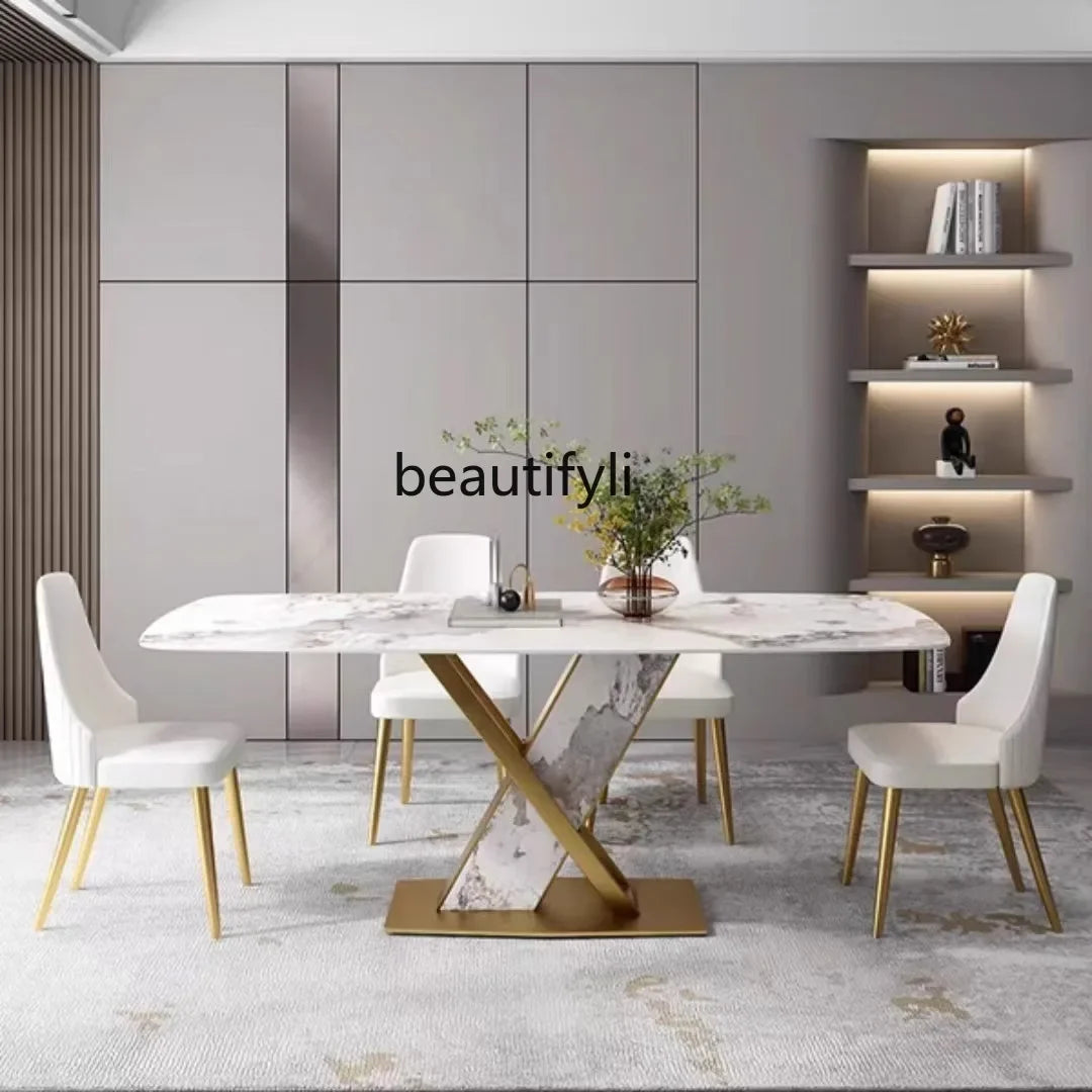 A Modern simple and high-end light luxury rock slab dining table, household small apartment marble table, rectangular